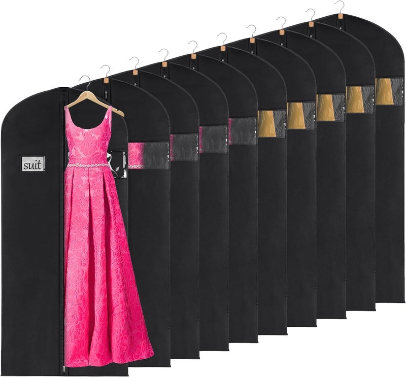 KEEGH 60'' Dress Bags for Gowns Long (Set of 10), Garment Bags for Hanging Clothes, Dress Bags for Closet Storage, Clothes Cover for Hanging Coats Dresses with Clear Window and Label Pocket, Black - Image 1